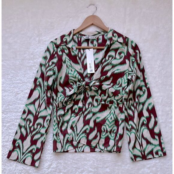 NWT Zara The Selena Blouse Printed Collared V-Neckline Tie Front Long Sleeve Top - Picture 8 of 13